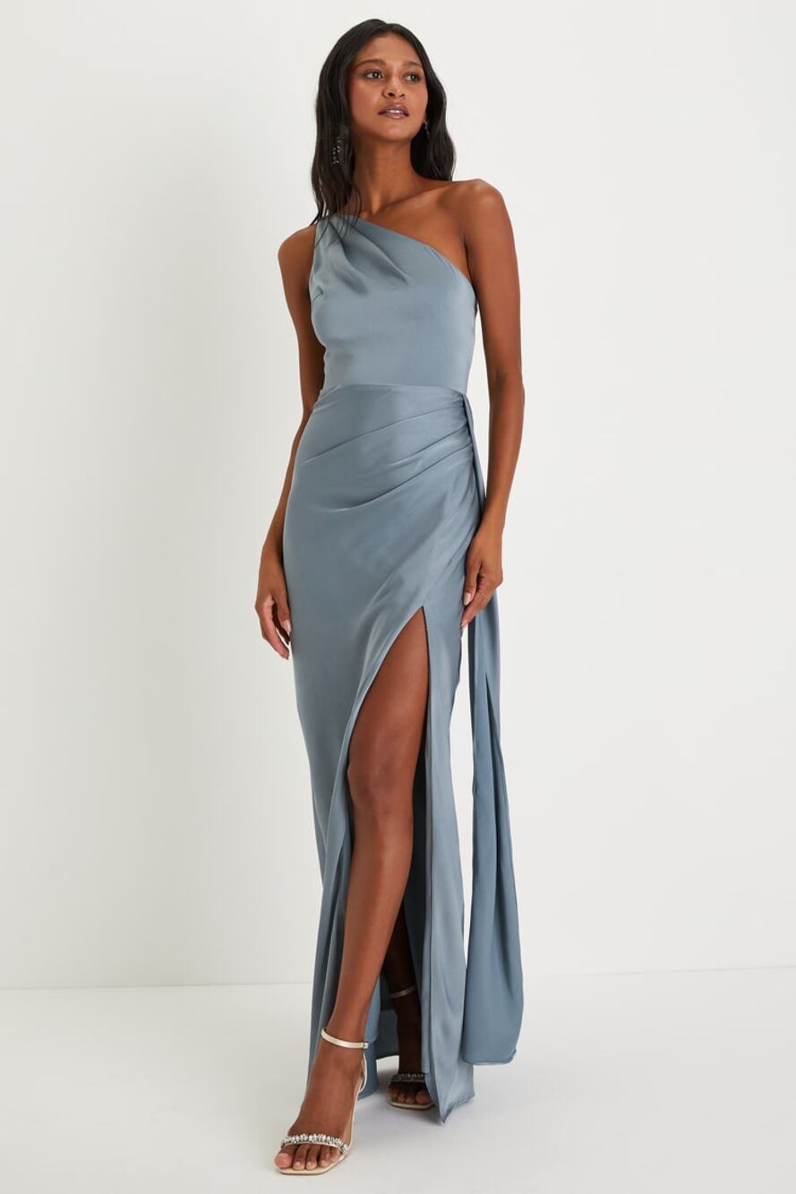 Lulus Sage Teal Satin One Shoulder Ruched Maxi Dress